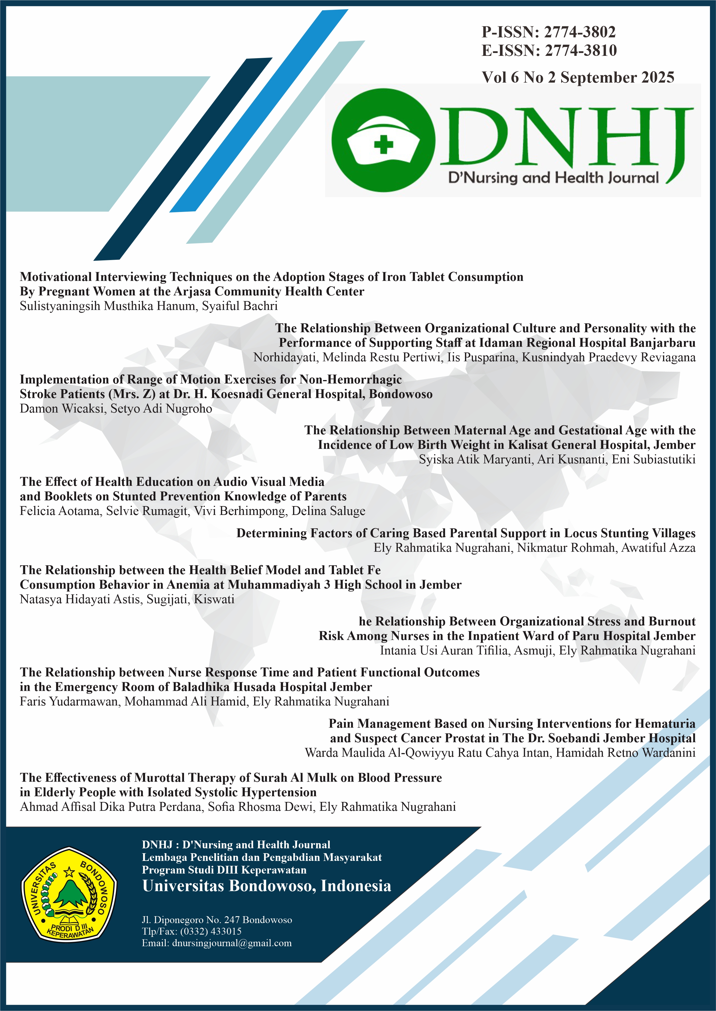 D'Nursing and Health Journal (DNHJ), is a scientific journal that publishes scientific articles on developments in nursing and health science, nursing research and research on health (p-ISSN: 2774-3802, e-ISSN: 2774-3810). This journal is published twice a year, in March and September. D'Nursing and Health Journal (DNHJ) accepts submissions of articles that have never been published in other media. D'Nursing and Health Journal (DNHJ) is committed to implementing strict and accountable ethical standards of publication. Therefore, D'Nursing and Health Journal (DNHJ) has formulated publication ethics that must be adhered to by publishers, editors, reviewers and writers. In order for articles to be published on D'Nursing and Health Journal (DNHJ), writers must pay attention to several guidelines, such as in the following guidelines. Address: Program Studi DIII Keperawatan, Universitas Bondowoso, Jawa Timur. Telp/Fax. (0332) 433015, e-mail:  dnursingjournal@gmail.com. Contact: +62 812-3049-7170 (Ardila Lailatul Ba