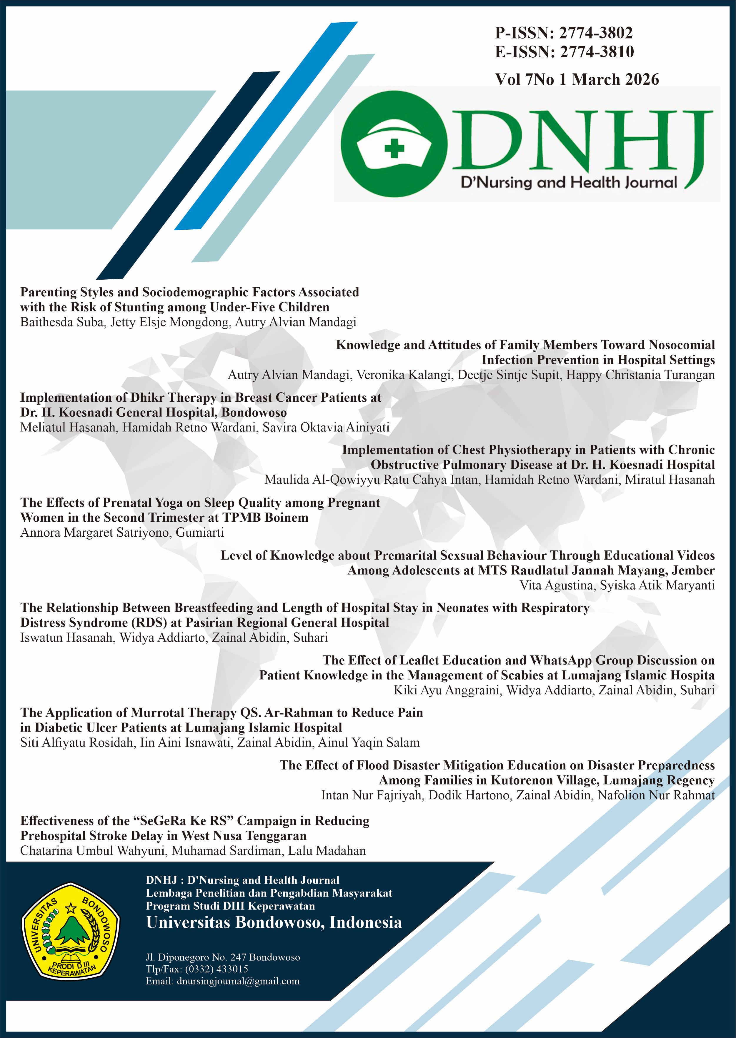 D'Nursing and Health Journal (DNHJ), is a scientific journal that publishes scientific articles on developments in nursing and health science, nursing research and research on health (p-ISSN: 2774-3802, e-ISSN: 2774-3810). This journal is published twice a year, in March and September. D'Nursing and Health Journal (DNHJ) accepts submissions of articles that have never been published in other media. D'Nursing and Health Journal (DNHJ) is committed to implementing strict and accountable ethical standards of publication. Therefore, D'Nursing and Health Journal (DNHJ) has formulated publication ethics that must be adhered to by publishers, editors, reviewers and writers. In order for articles to be published on D'Nursing and Health Journal (DNHJ), writers must pay attention to several guidelines, such as in the following guidelines. Address: Program Studi DIII Keperawatan, Universitas Bondowoso, Jawa Timur. Telp/Fax. (0332) 433015, e-mail:  dnursingjournal@gmail.com. Contact: +62 812-3049-7170 (Ardila Lailatul Ba