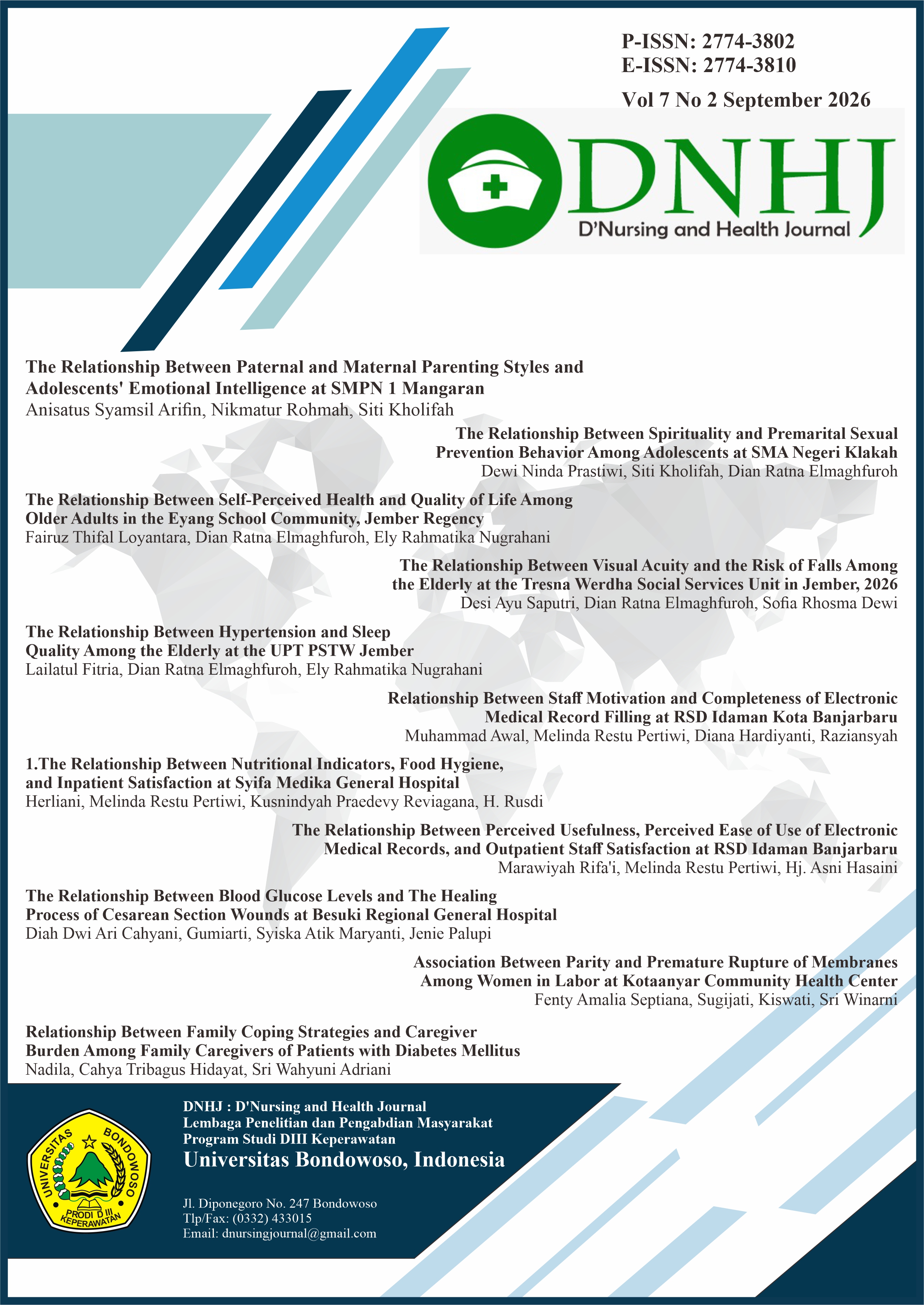 D'Nursing and Health Journal (DNHJ), is a scientific journal that publishes scientific articles on developments in nursing and health science, nursing research and research on health (p-ISSN: 2774-3802, e-ISSN: 2774-3810). This journal is published twice a year, in March and September. D'Nursing and Health Journal (DNHJ) accepts submissions of articles that have never been published in other media. D'Nursing and Health Journal (DNHJ) is committed to implementing strict and accountable ethical standards of publication. Therefore, D'Nursing and Health Journal (DNHJ) has formulated publication ethics that must be adhered to by publishers, editors, reviewers and writers. In order for articles to be published on D'Nursing and Health Journal (DNHJ), writers must pay attention to several guidelines, such as in the following guidelines. Address: Program Studi DIII Keperawatan, Universitas Bondowoso, Jawa Timur. Telp/Fax. (0332) 433015, e-mail:  dnursingjournal@gmail.com. Contact: +62 812-3049-7170 (Ardila Lailatul Barik).